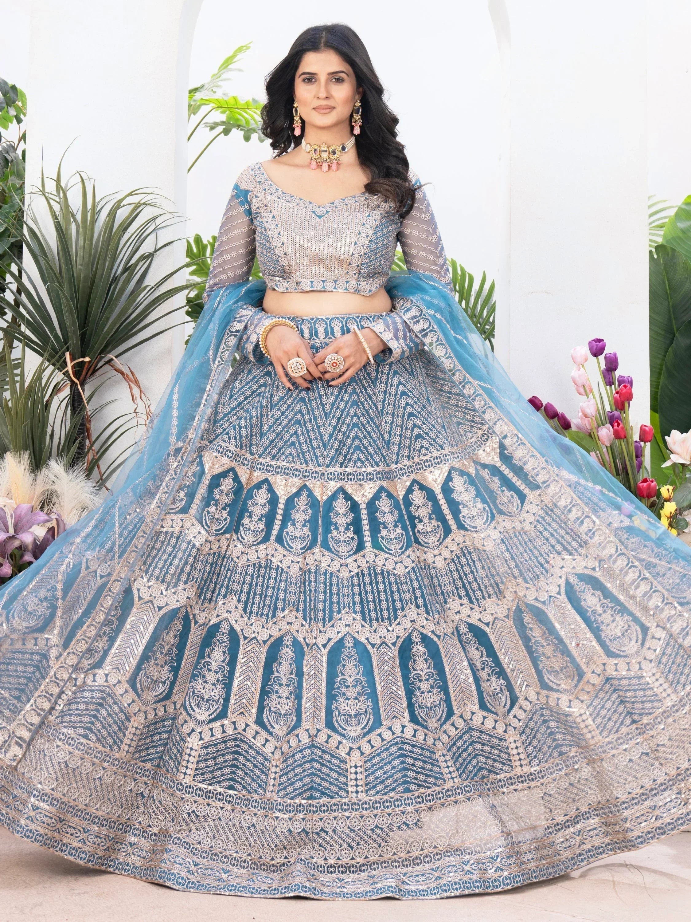 Precious Sky-Blue Sequins Net Engagement Wear Lehenga Choli With Dupatta
