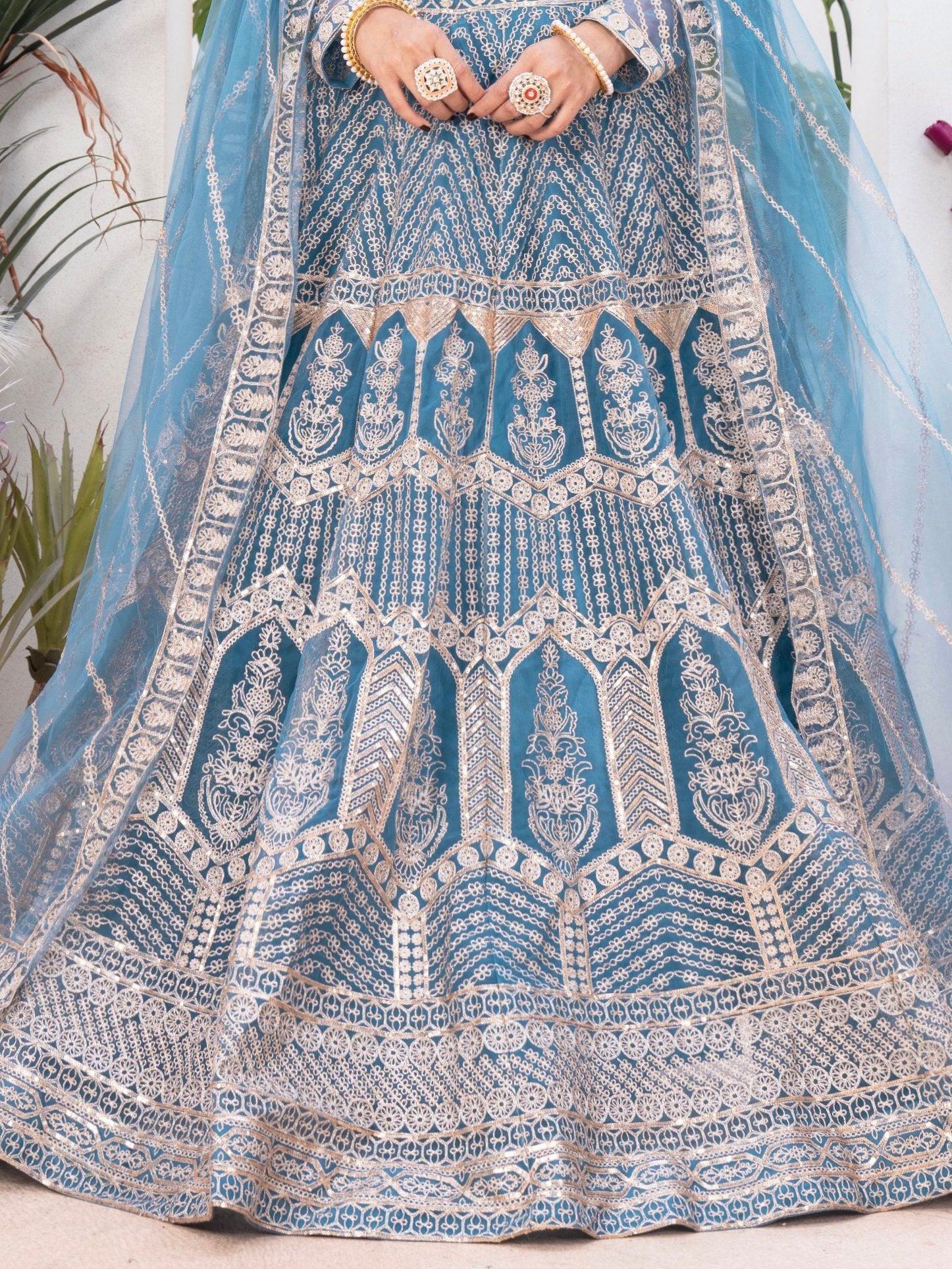 Precious Sky-Blue Sequins Net Engagement Wear Lehenga Choli With Dupatta