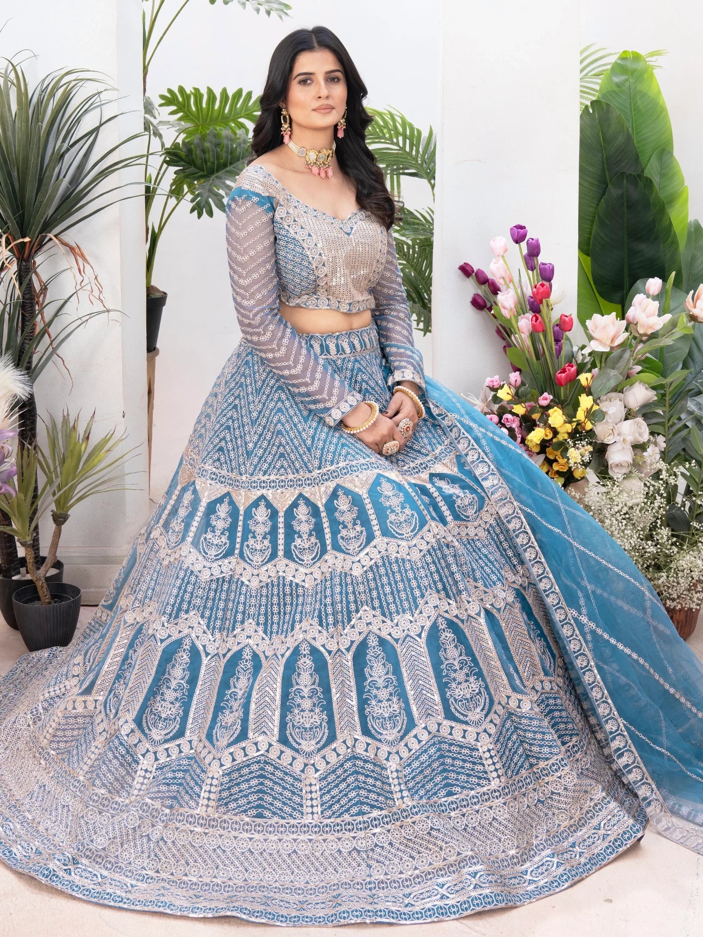 Precious Sky-Blue Sequins Net Engagement Wear Lehenga Choli With Dupatta