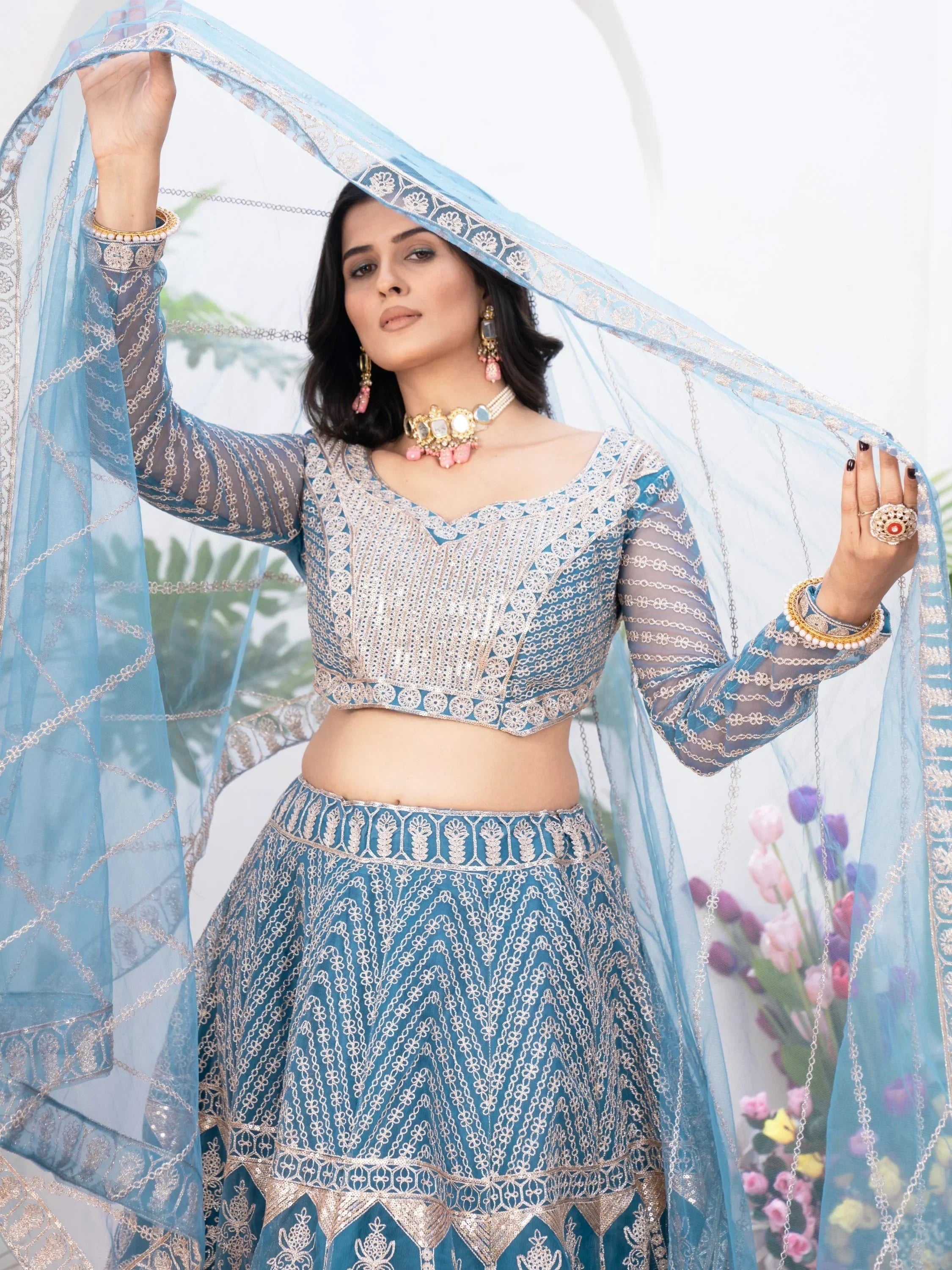 Precious Sky-Blue Sequins Net Engagement Wear Lehenga Choli With Dupatta