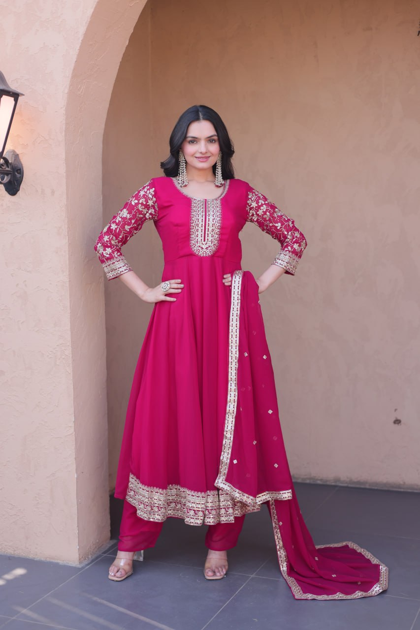 Premium Faux Blooming Gown with Pant & Dupatta Set