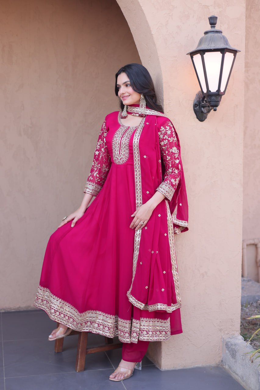 Premium Faux Blooming Gown with Pant & Dupatta Set