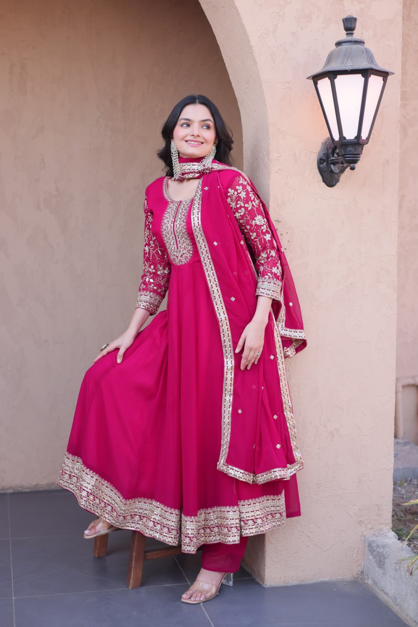 Premium Faux Blooming Gown with Pant & Dupatta Set