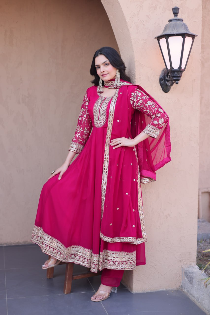 Premium Faux Blooming Gown with Pant & Dupatta Set