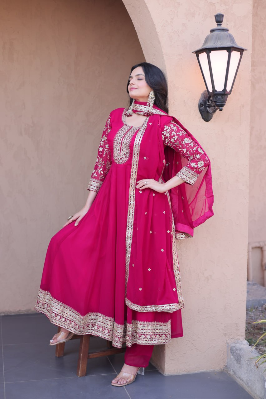 Premium Faux Blooming Gown with Pant & Dupatta Set