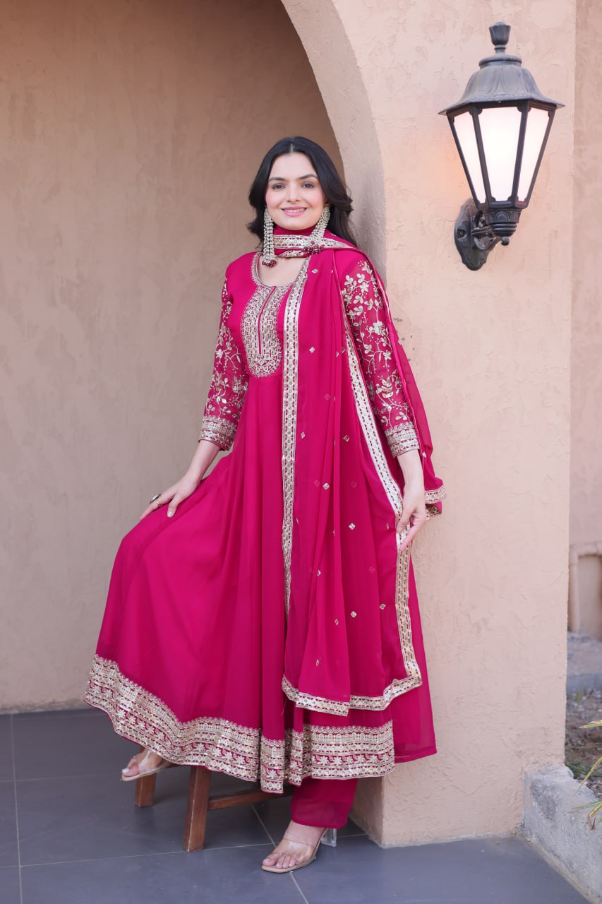 Premium Faux Blooming Gown with Pant & Dupatta Set