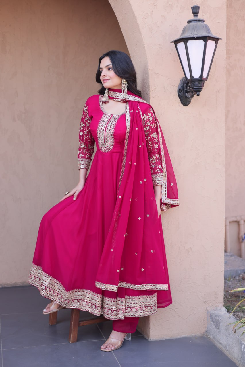 Premium Faux Blooming Gown with Pant & Dupatta Set