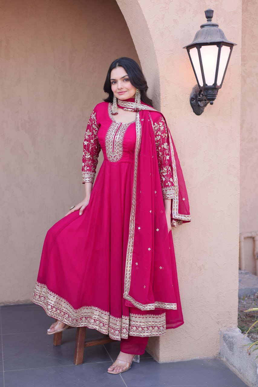 Premium Faux Blooming Gown with Pant & Dupatta Set