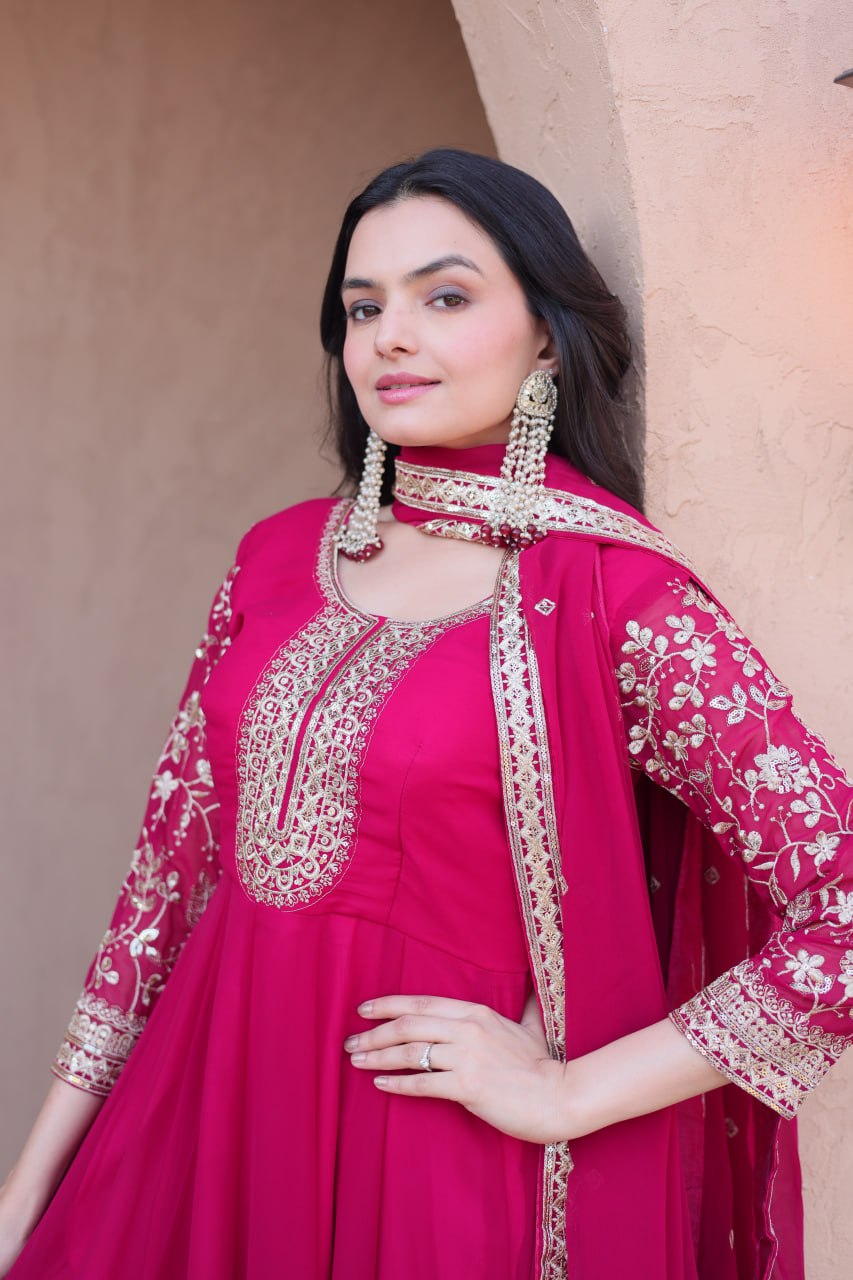 Premium Faux Blooming Gown with Pant & Dupatta Set
