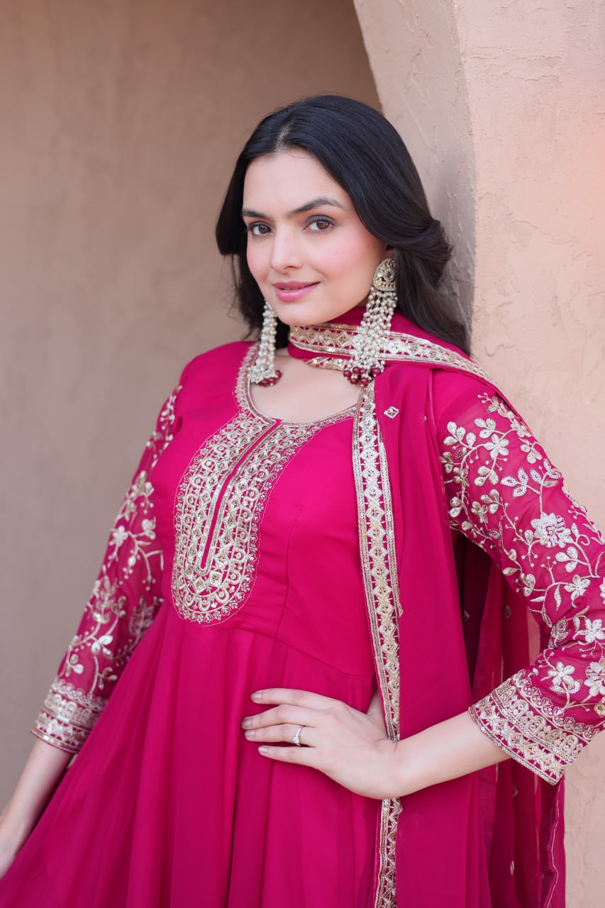 Premium Faux Blooming Gown with Pant & Dupatta Set