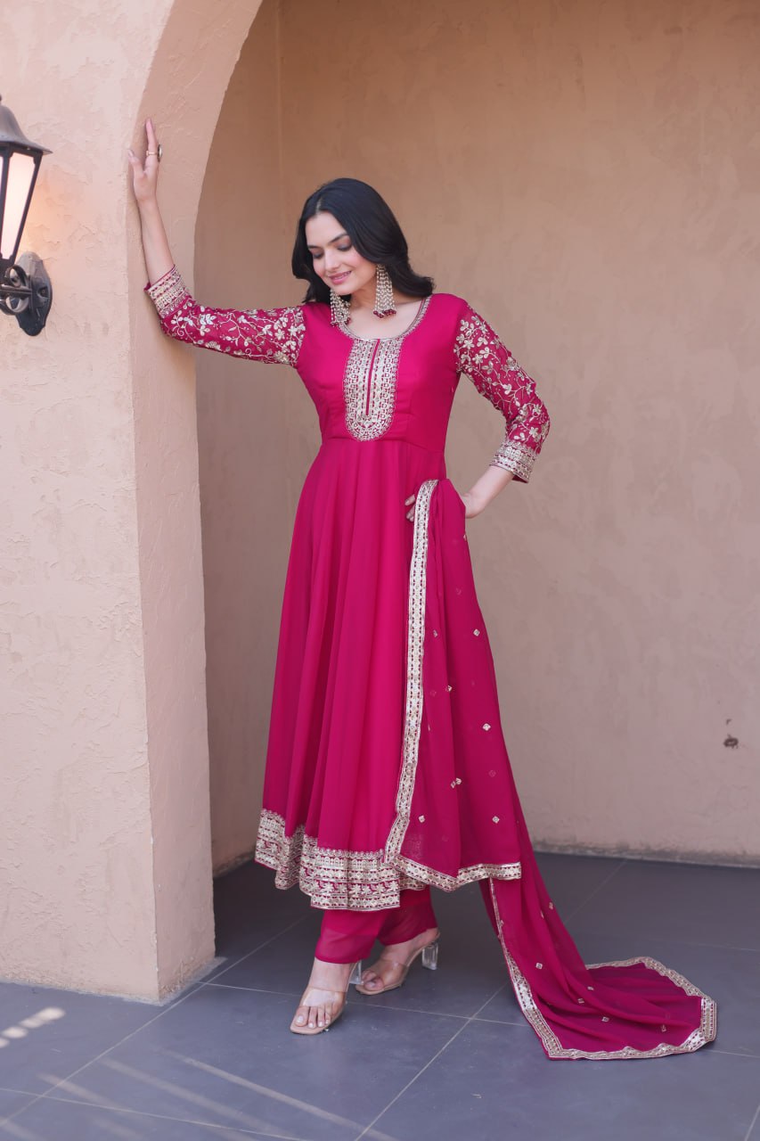 Premium Faux Blooming Gown with Pant & Dupatta Set
