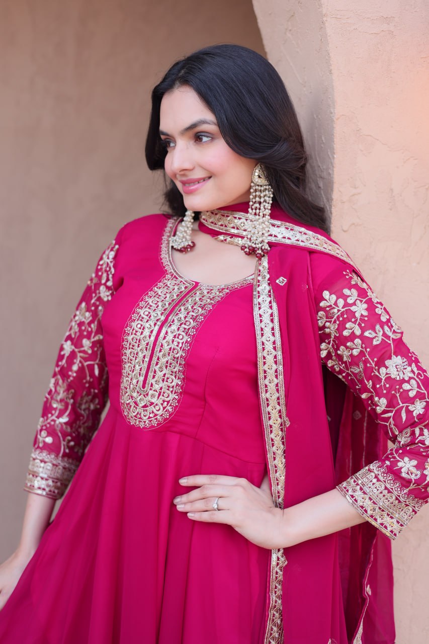 Premium Faux Blooming Gown with Pant & Dupatta Set