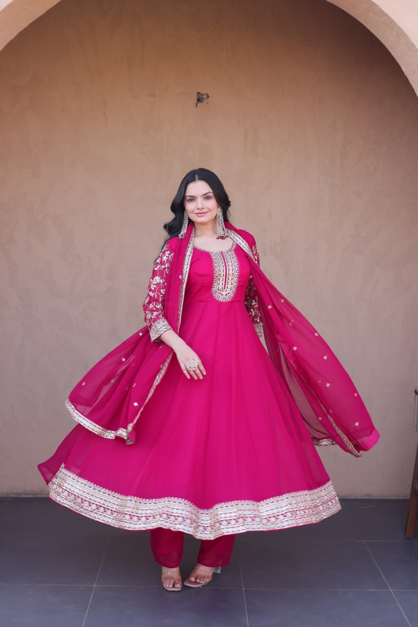 Premium Faux Blooming Gown with Pant & Dupatta Set
