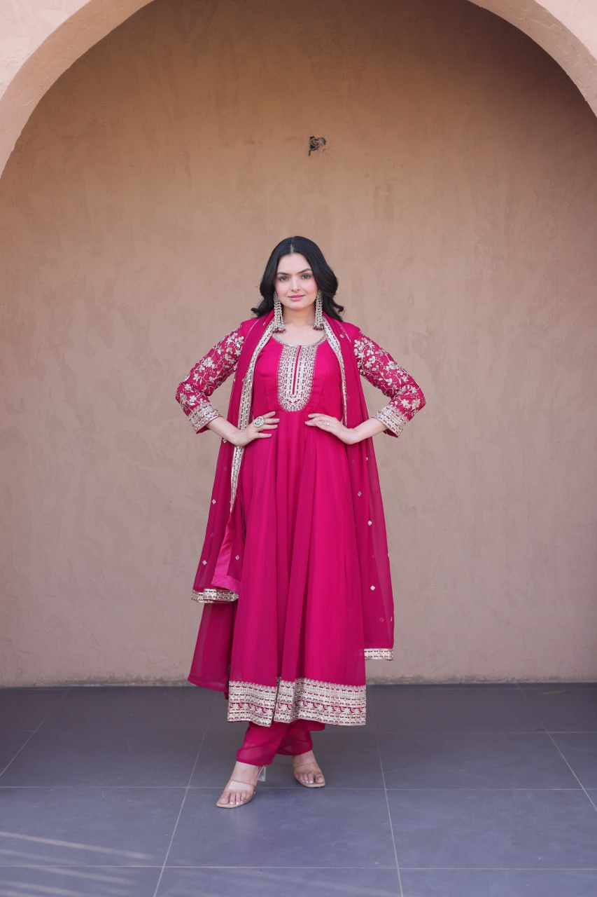 Premium Faux Blooming Gown with Pant & Dupatta Set