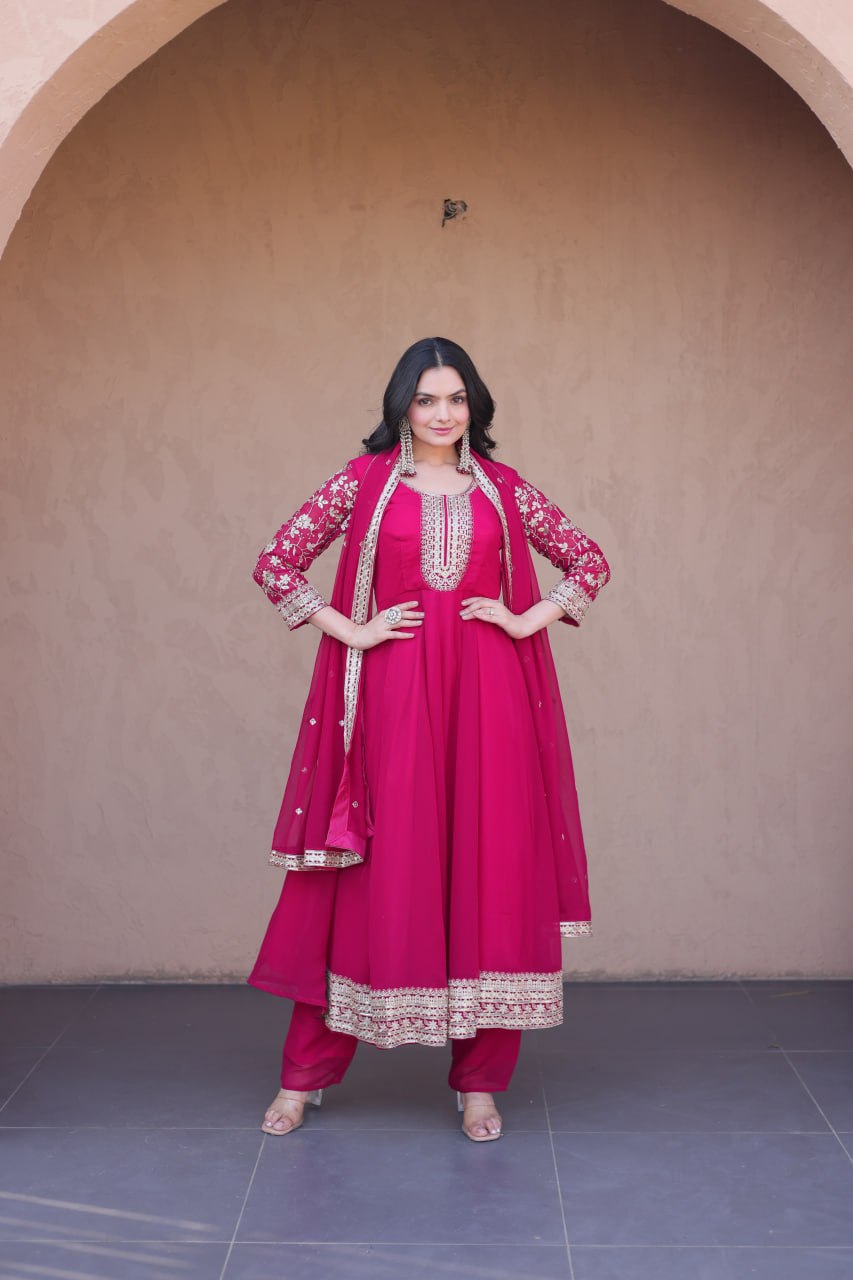 Premium Faux Blooming Gown with Pant & Dupatta Set