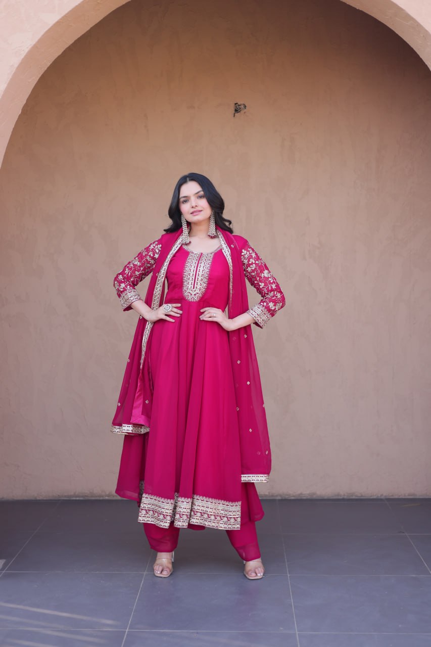 Premium Faux Blooming Gown with Pant & Dupatta Set