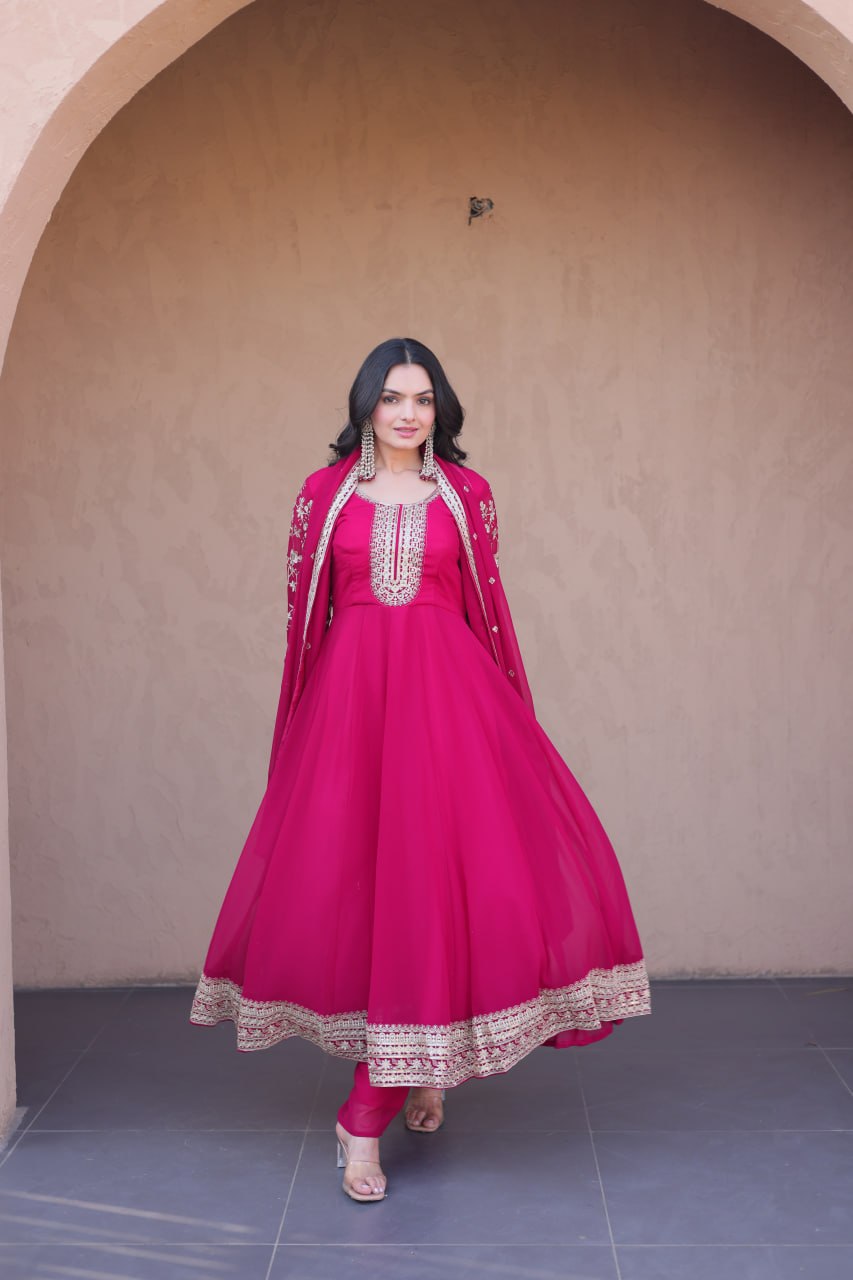 Premium Faux Blooming Gown with Pant & Dupatta Set