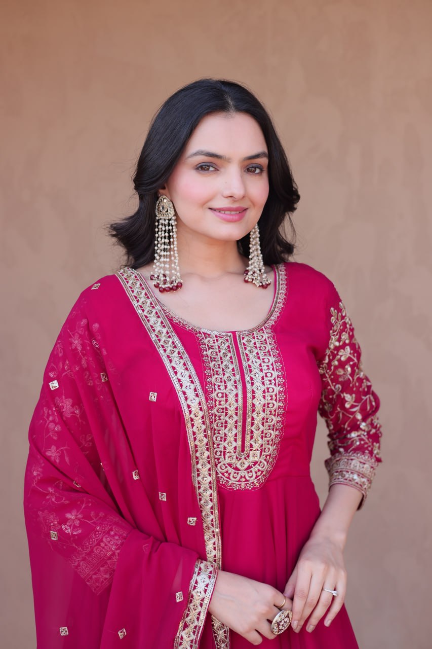 Premium Faux Blooming Gown with Pant & Dupatta Set