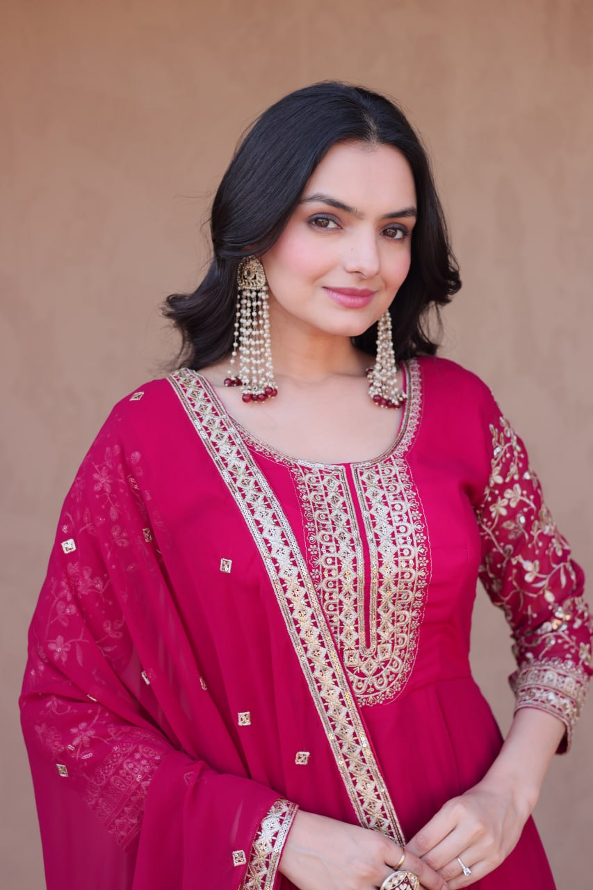 Premium Faux Blooming Gown with Pant & Dupatta Set