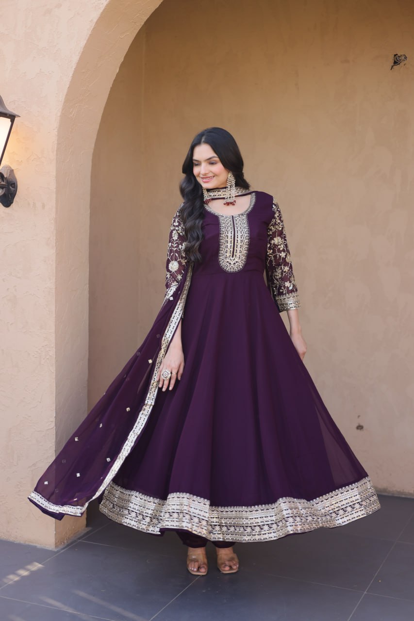 Premium Faux Blooming Gown with Pant & Dupatta Set