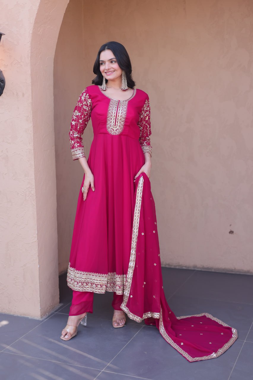Premium Faux Blooming Gown with Pant & Dupatta Set