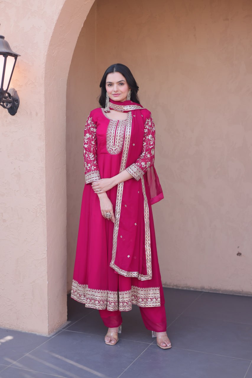 Premium Faux Blooming Gown with Pant & Dupatta Set