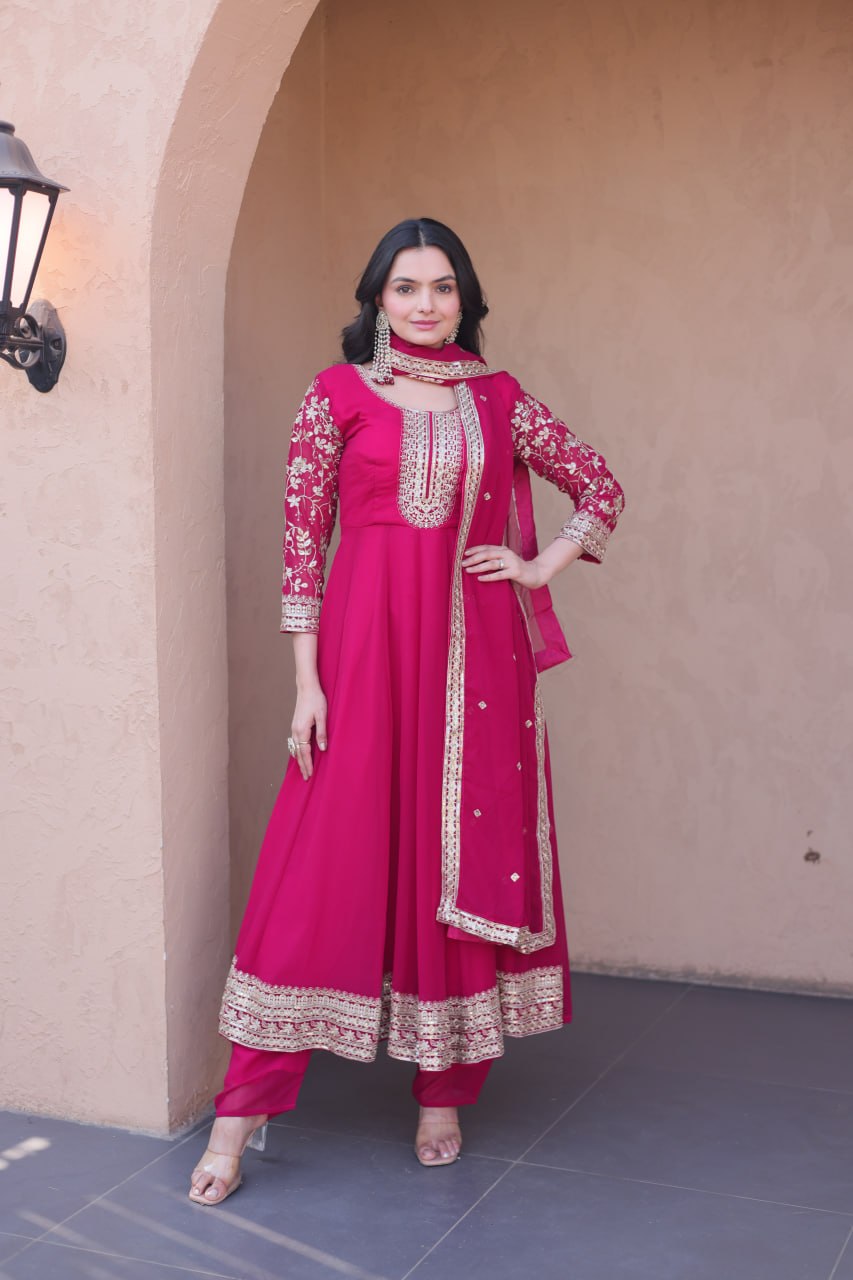 Premium Faux Blooming Gown with Pant & Dupatta Set