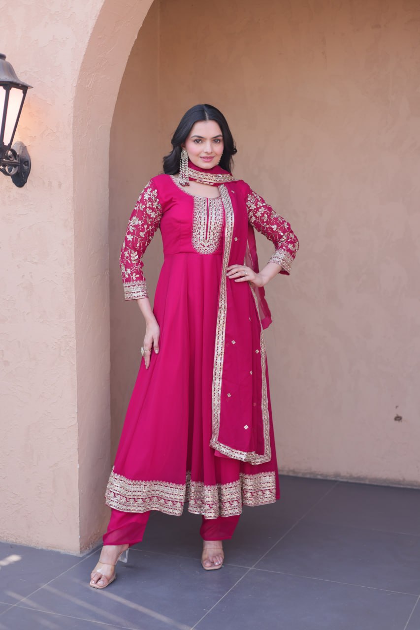 Premium Faux Blooming Gown with Pant & Dupatta Set