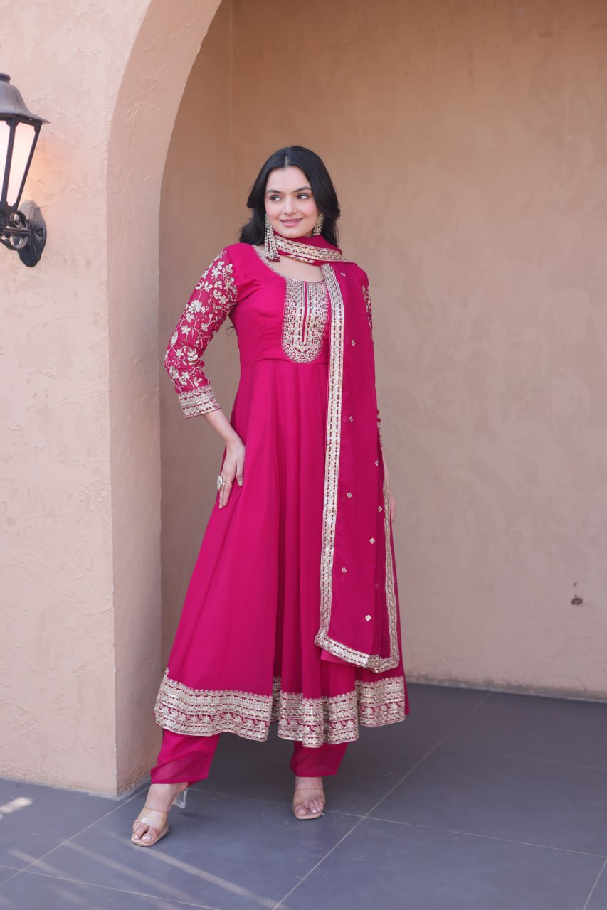Premium Faux Blooming Gown with Pant & Dupatta Set