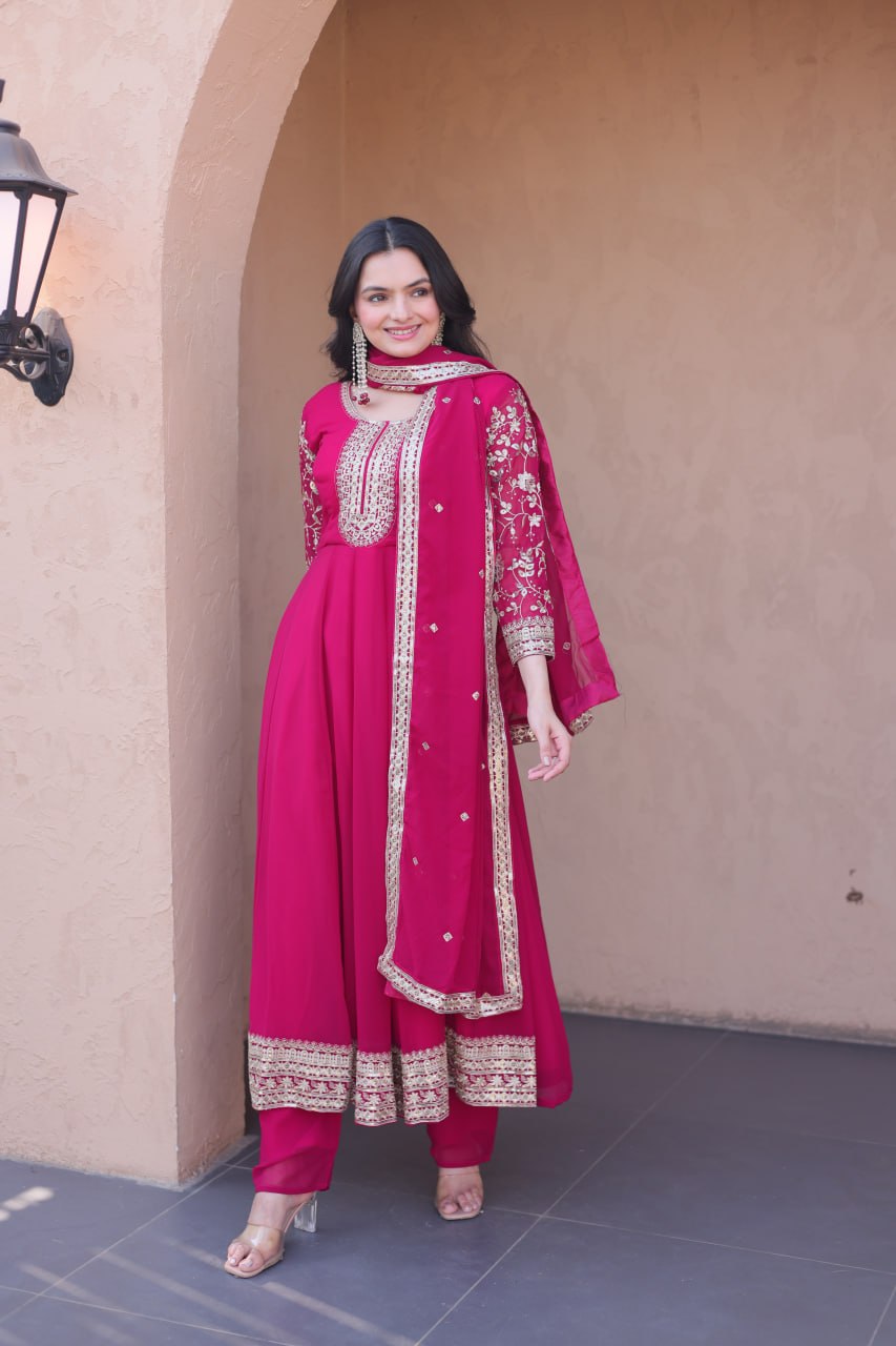 Premium Faux Blooming Gown with Pant & Dupatta Set