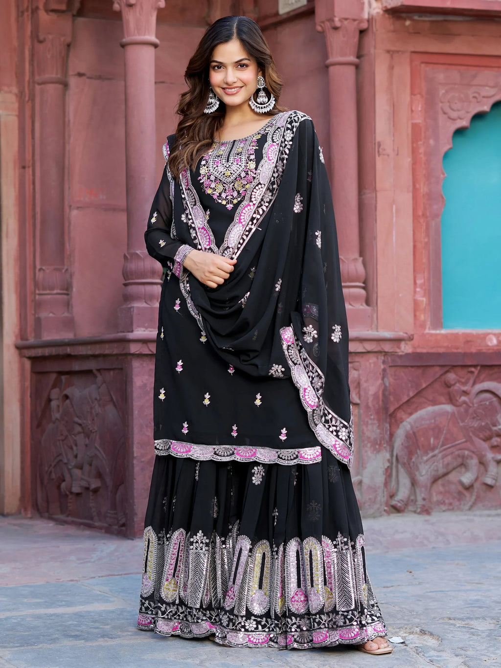 Pretty Black Georgette Sequins Festival Wear Sharara Suit