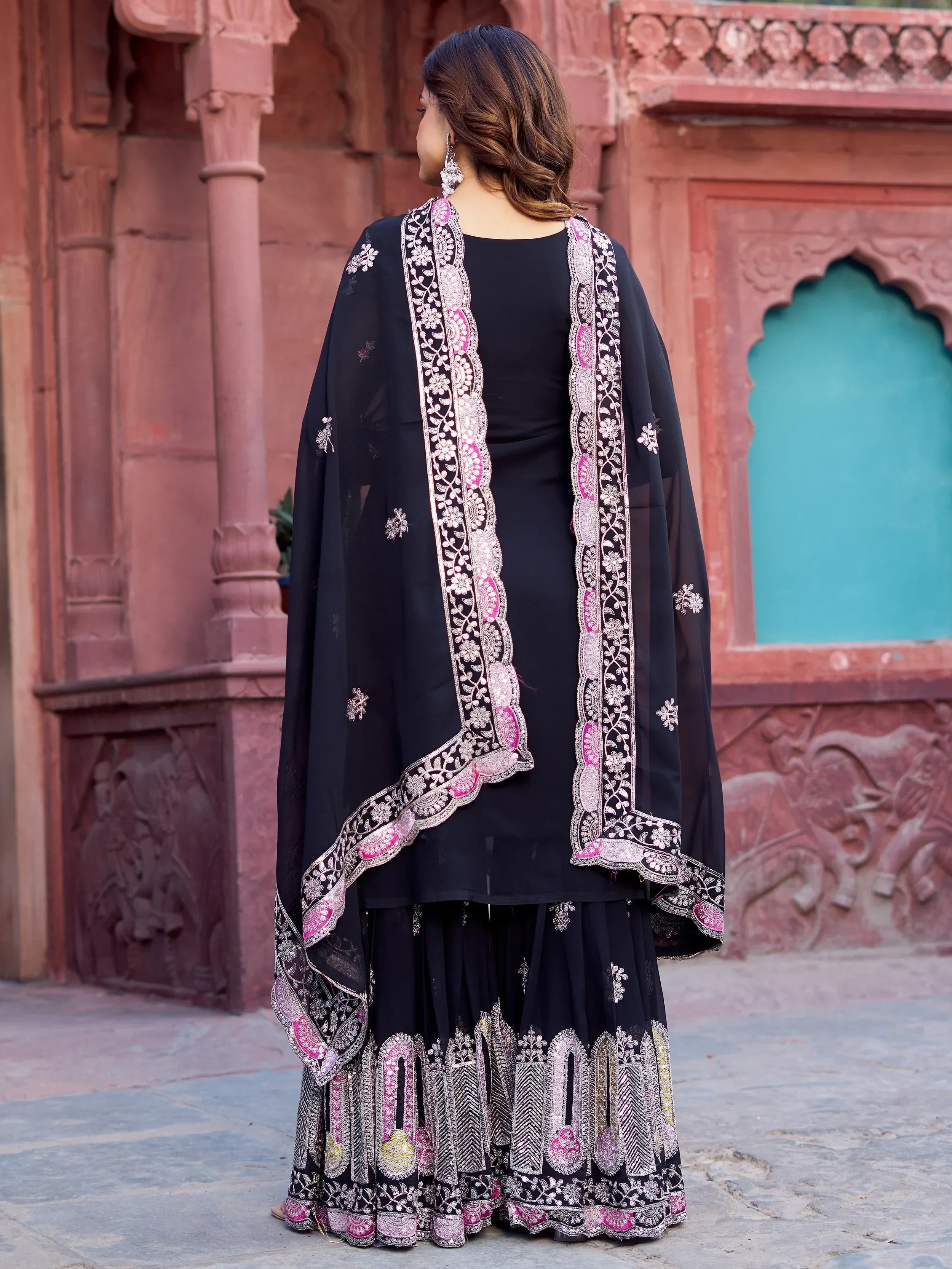 Pretty Black Georgette Sequins Festival Wear Sharara Suit