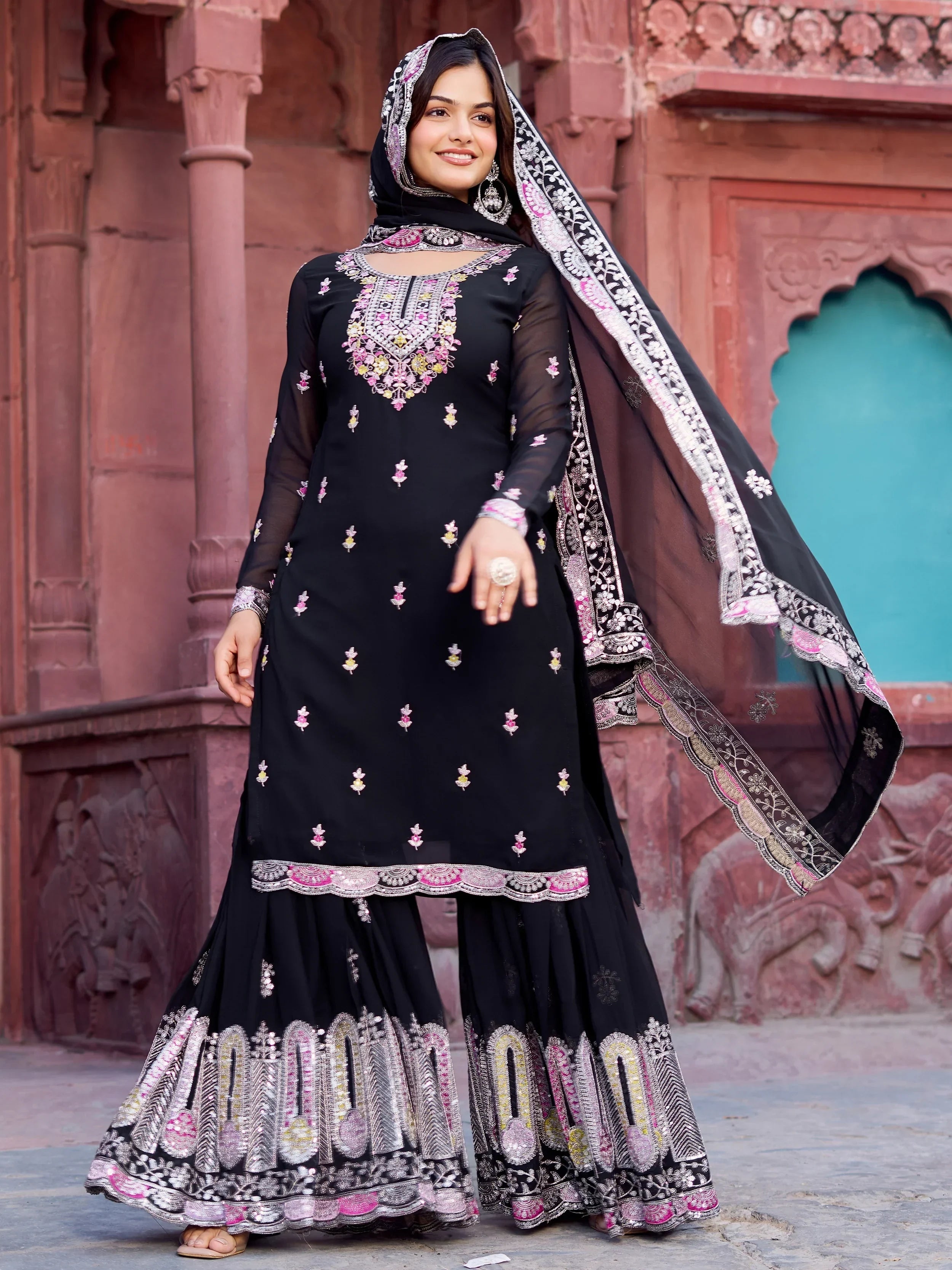 Pretty Black Georgette Sequins Festival Wear Sharara Suit