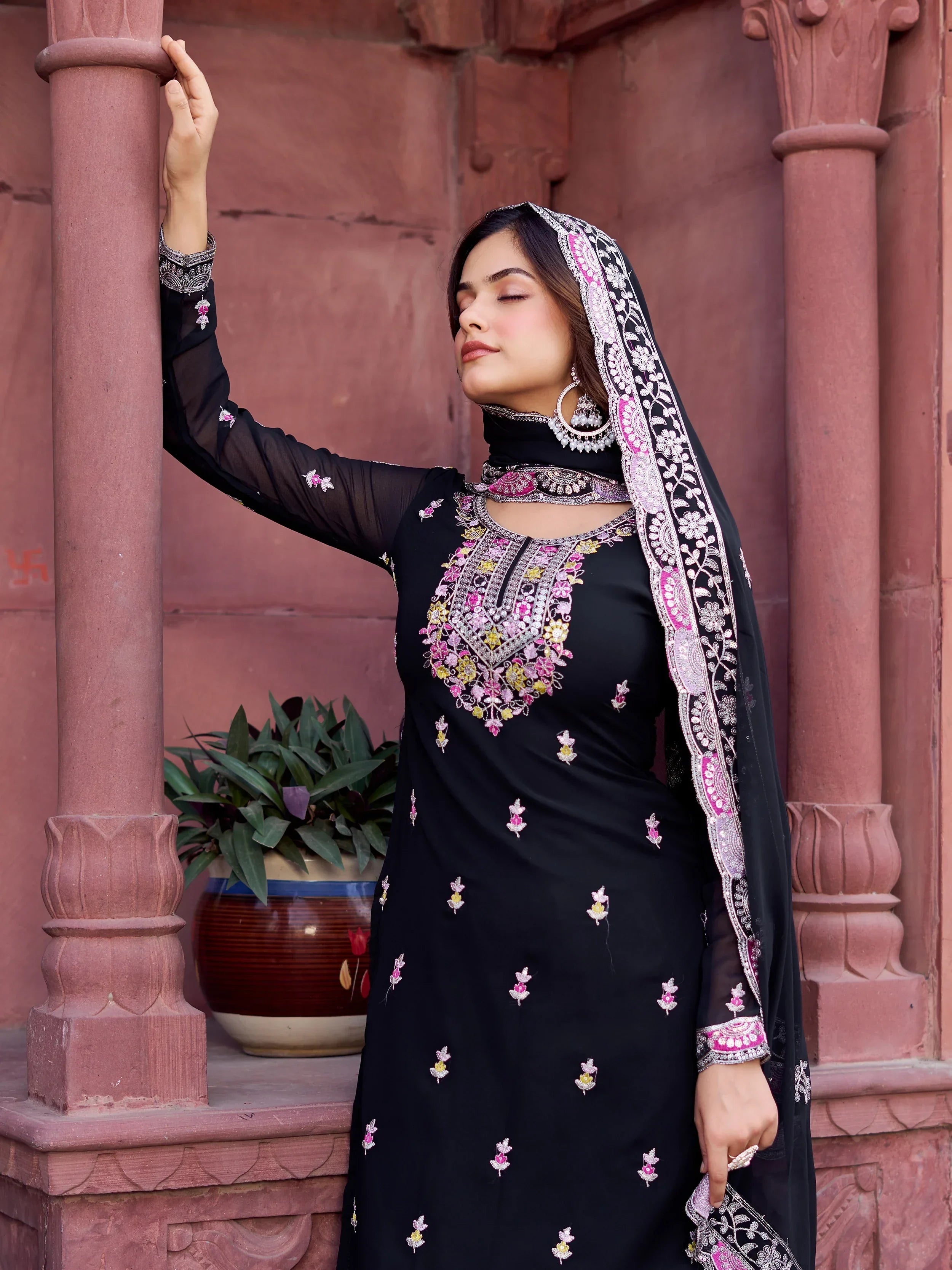 Pretty Black Georgette Sequins Festival Wear Sharara Suit