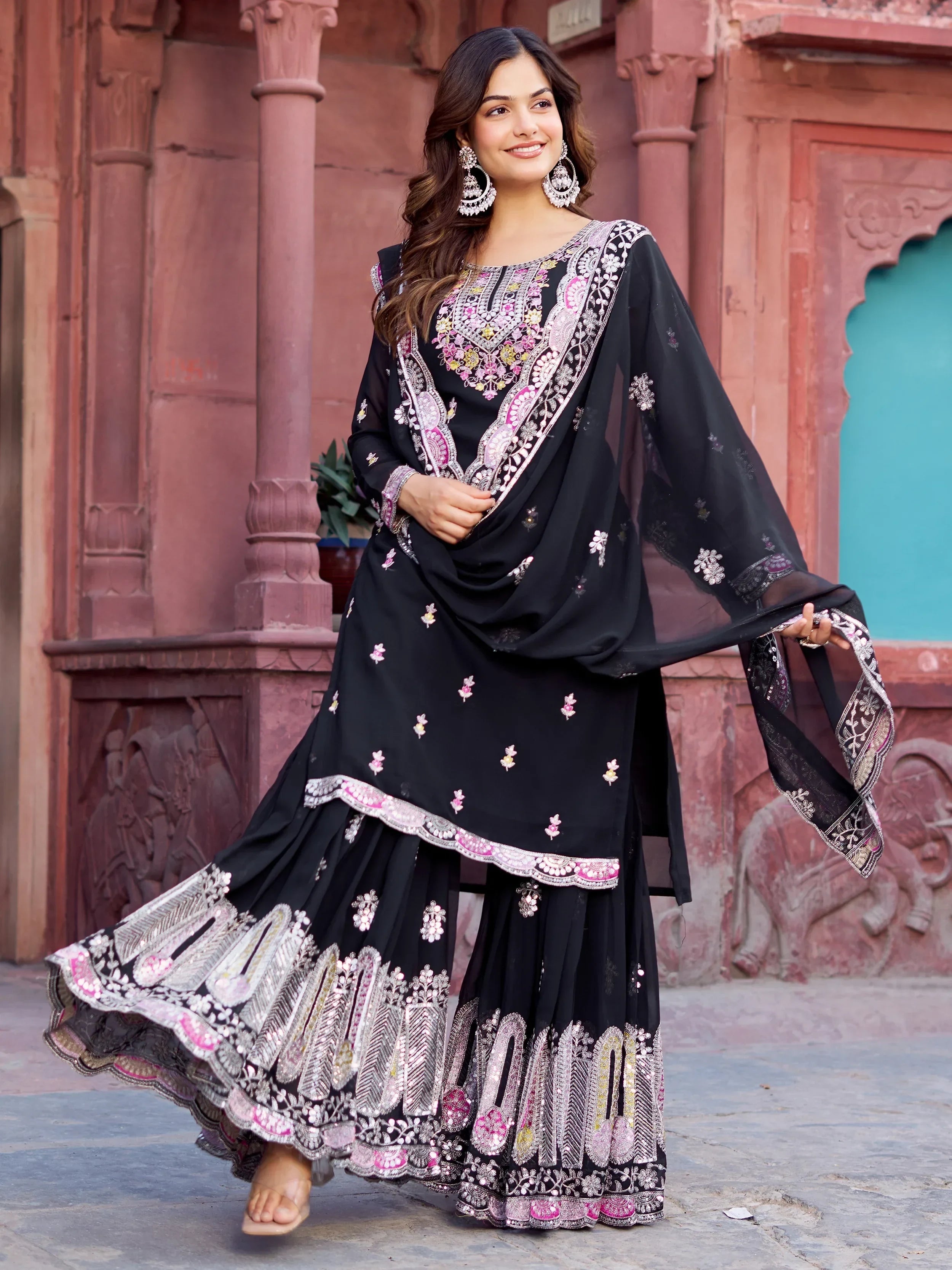 Pretty Black Georgette Sequins Festival Wear Sharara Suit
