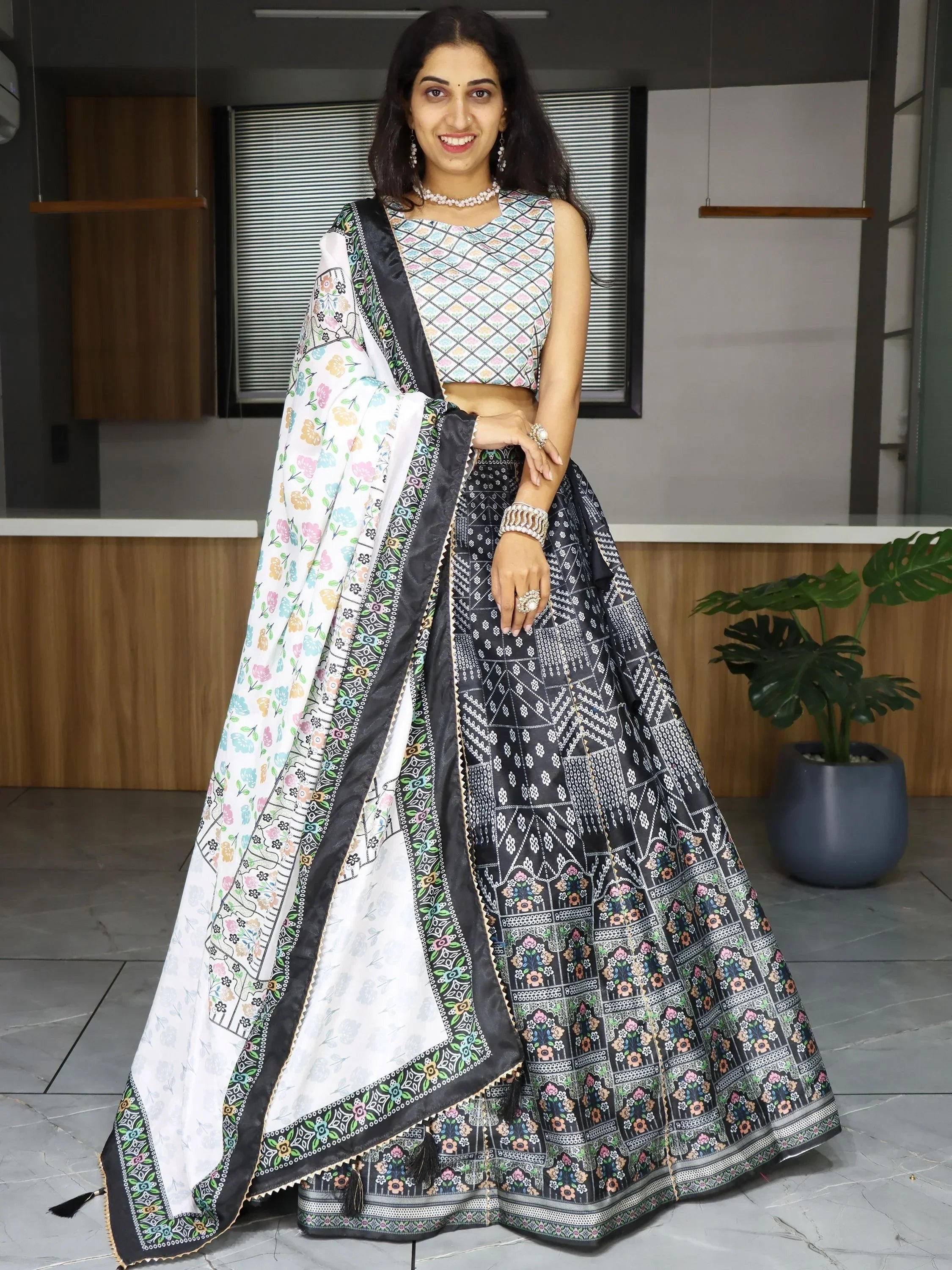 Black Sweet Printed Art Silk Event Wear Lehenga Choli With Dupatta