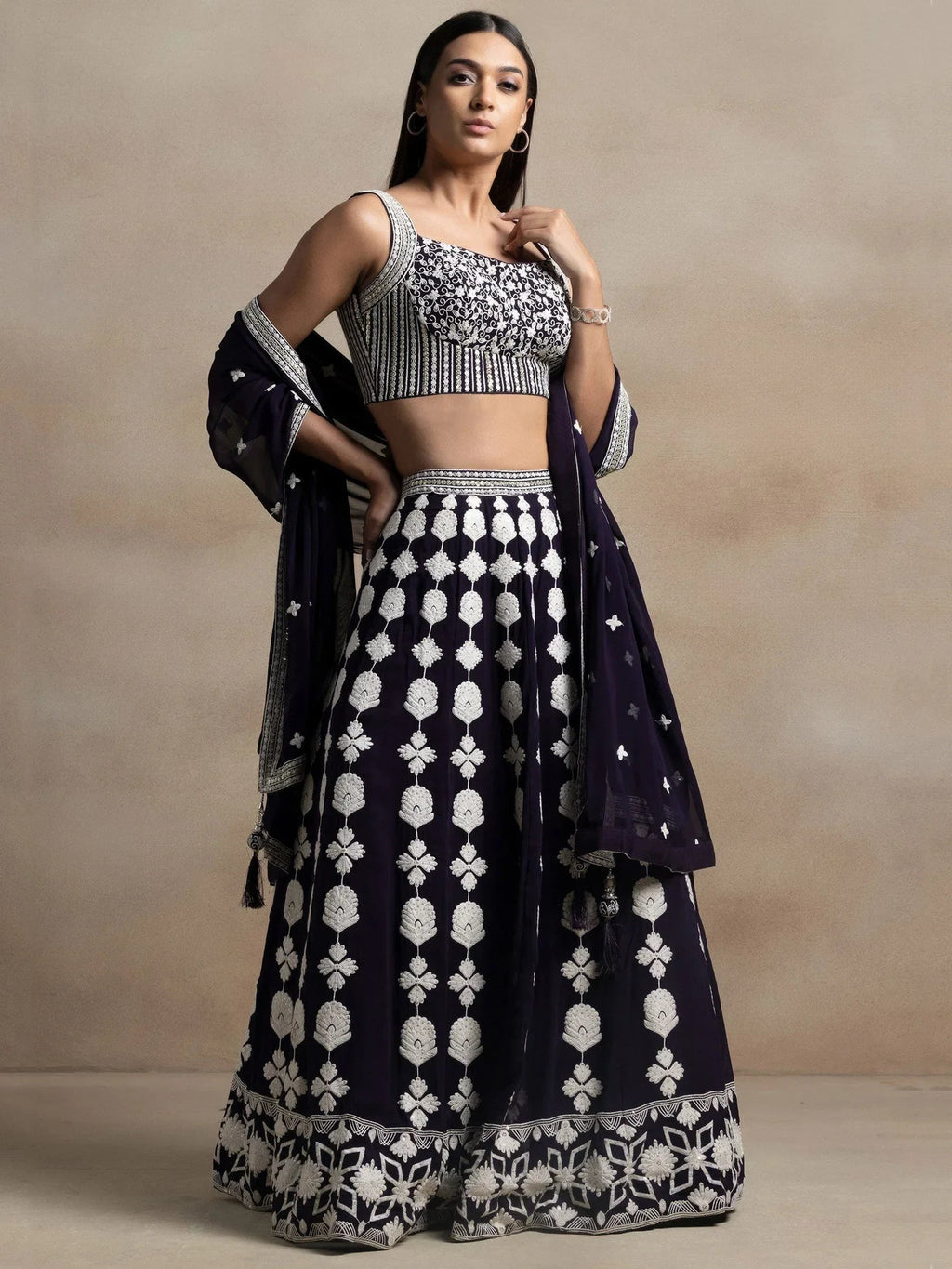 Pretty Dark Purple Thread Work Georgette Reception Wear Lehenga Choli