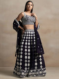 Pretty Dark Purple Thread Work Georgette Reception Wear Lehenga Choli
