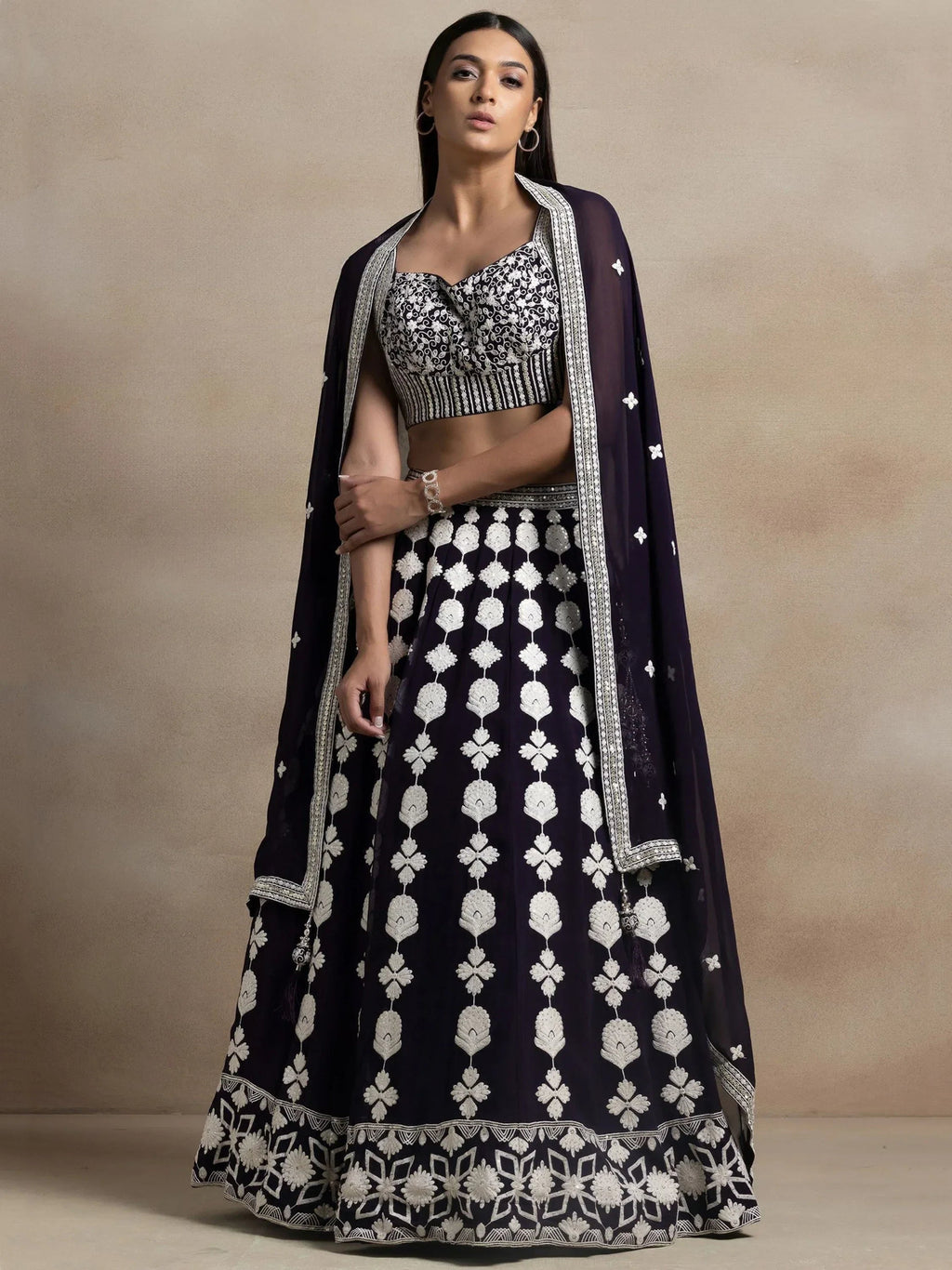 Pretty Dark Purple Thread Work Georgette Reception Wear Lehenga Choli