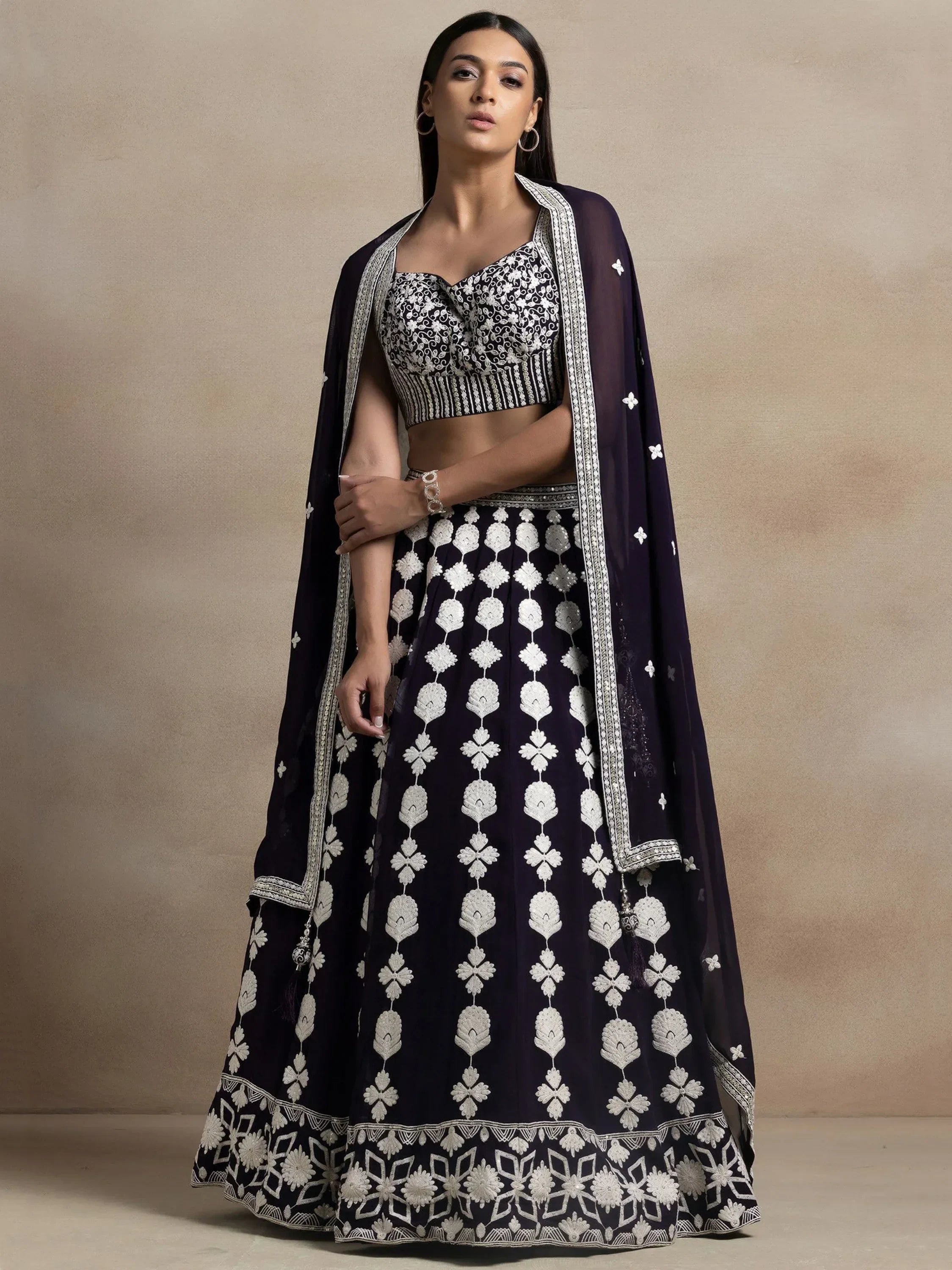 Pretty Dark Purple Thread Work Georgette Reception Wear Lehenga Choli