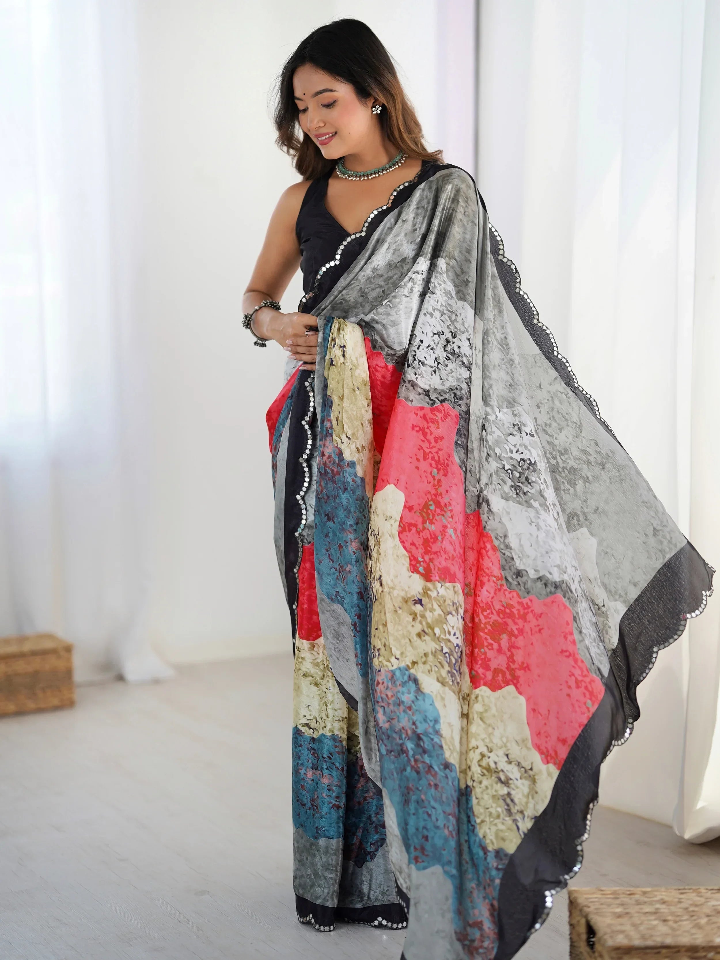 Grey Beautiful Chinon Digital Printed Saree With Blouse