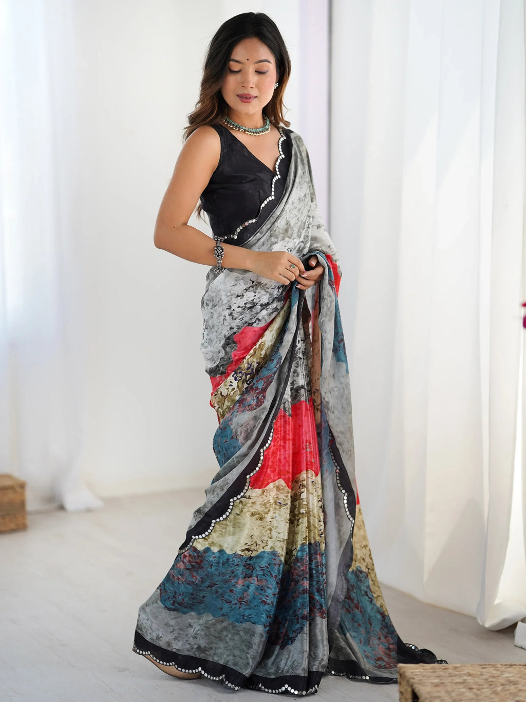 Grey Beautiful Chinon Digital Printed Saree With Blouse
