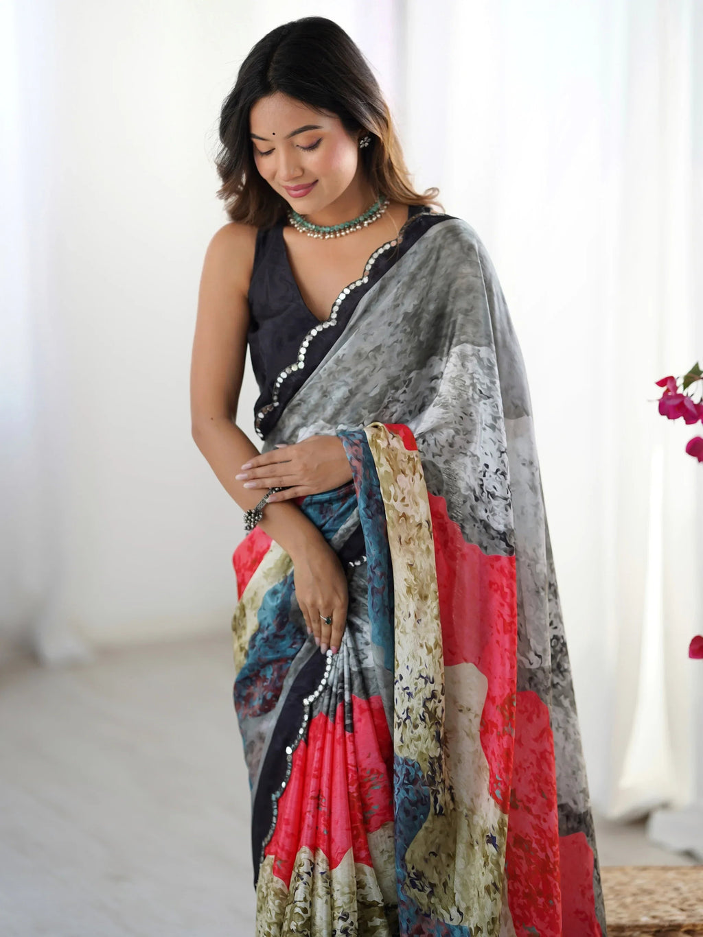 Grey Beautiful Chinon Digital Printed Saree With Blouse