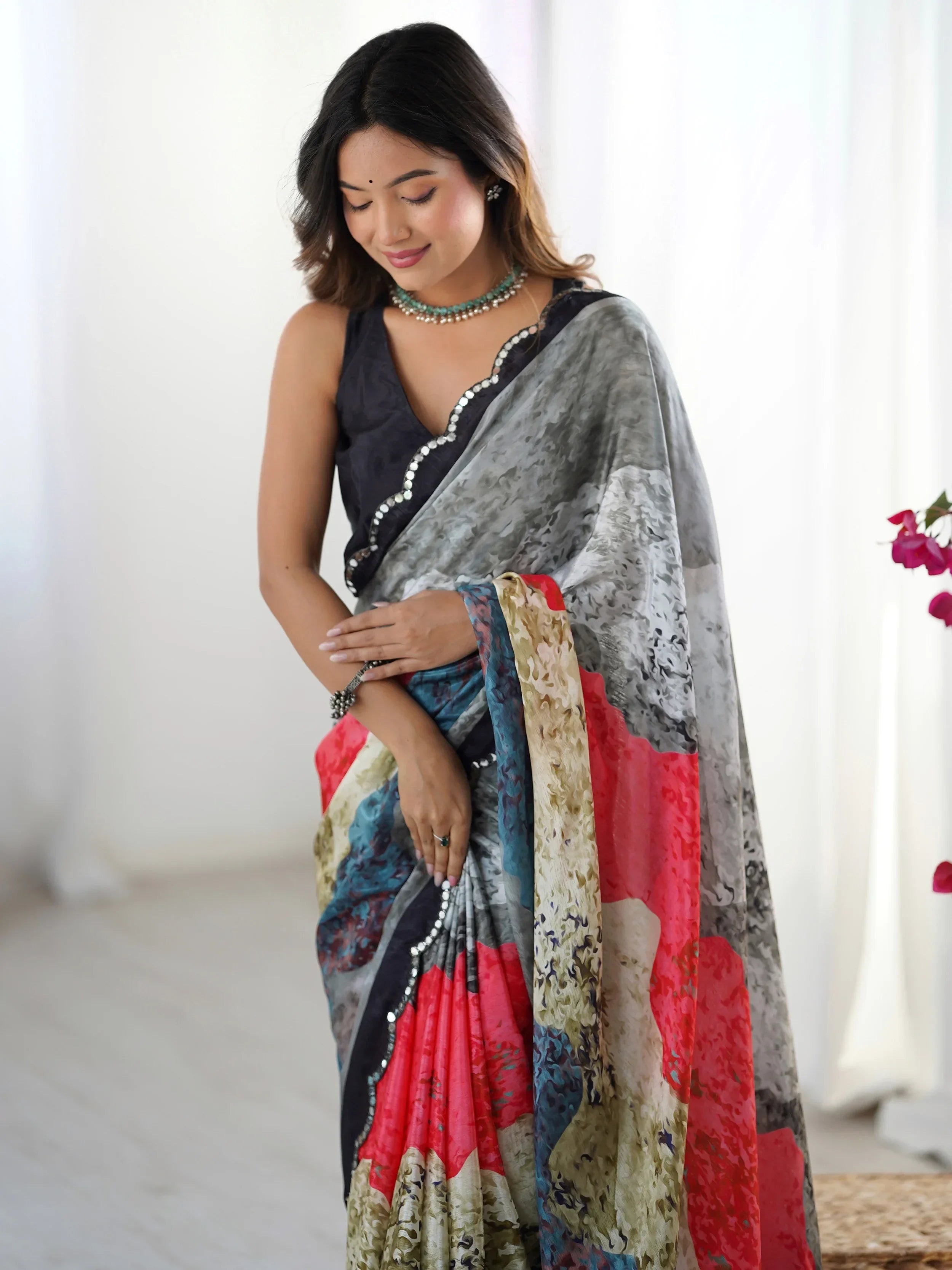 Grey Beautiful Chinon Digital Printed Saree With Blouse