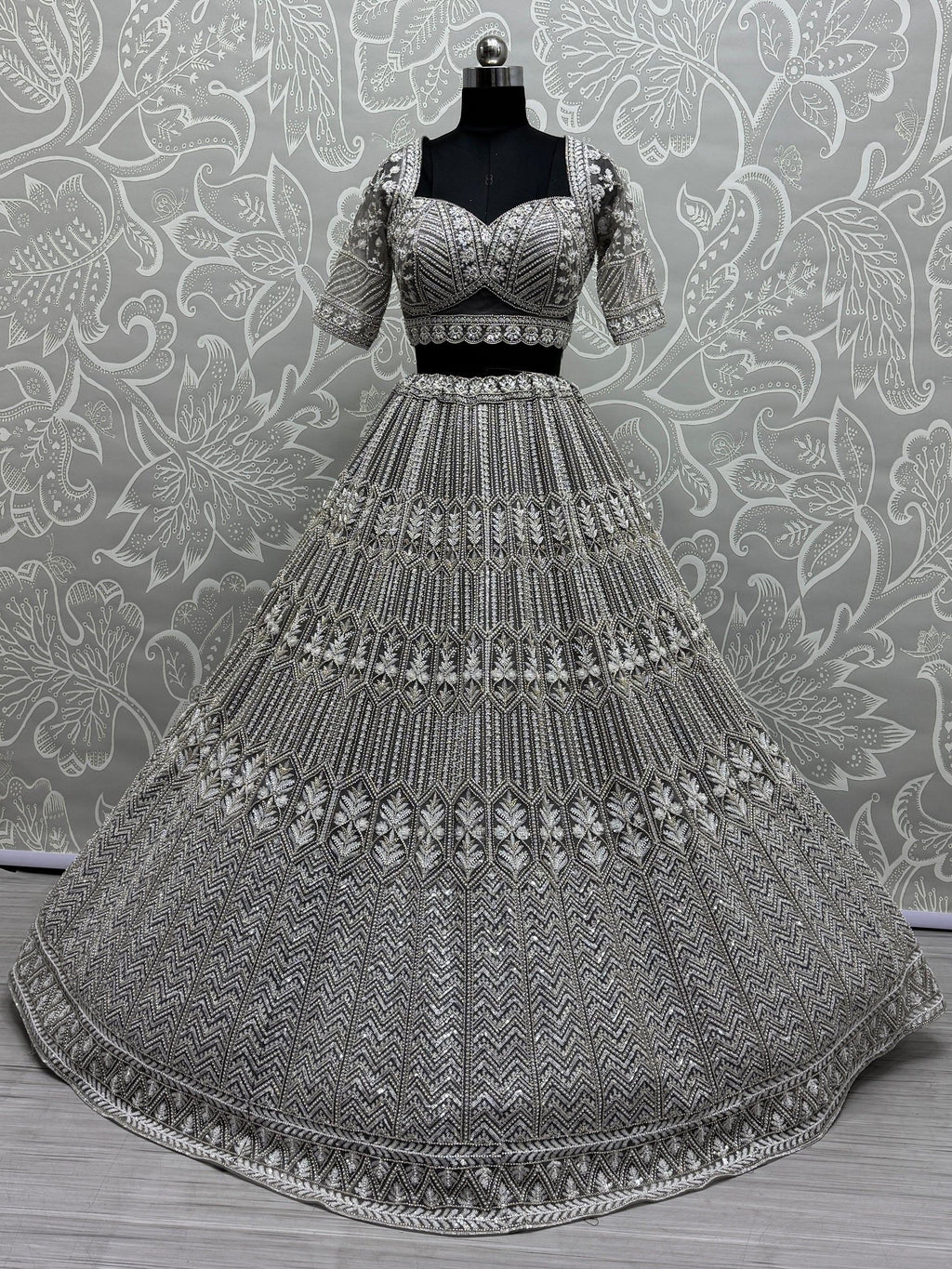 Grey Spectacular Hand Wok Net Bridesmaid Lehenga Choli With Dupatta