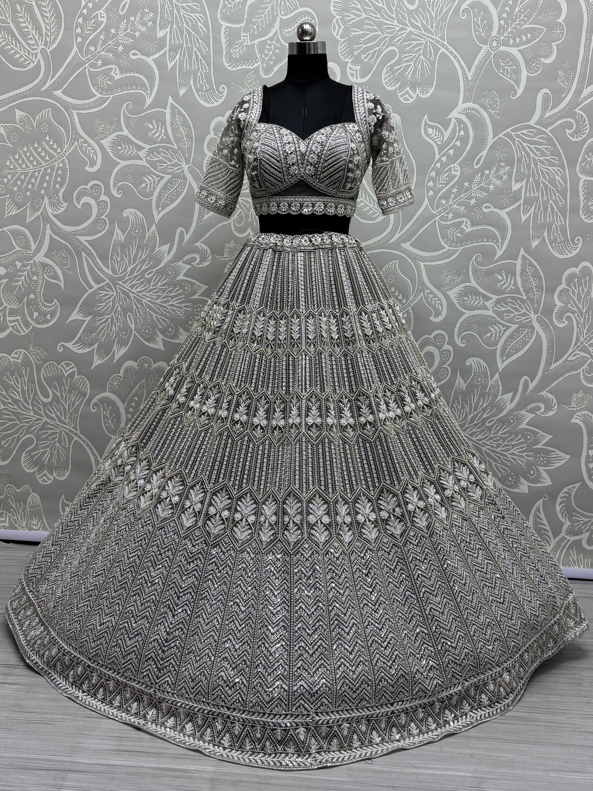 Grey Spectacular Hand Wok Net Bridesmaid Lehenga Choli With Dupatta