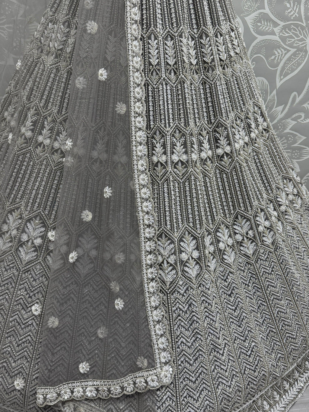 Grey Spectacular Hand Wok Net Bridesmaid Lehenga Choli With Dupatta