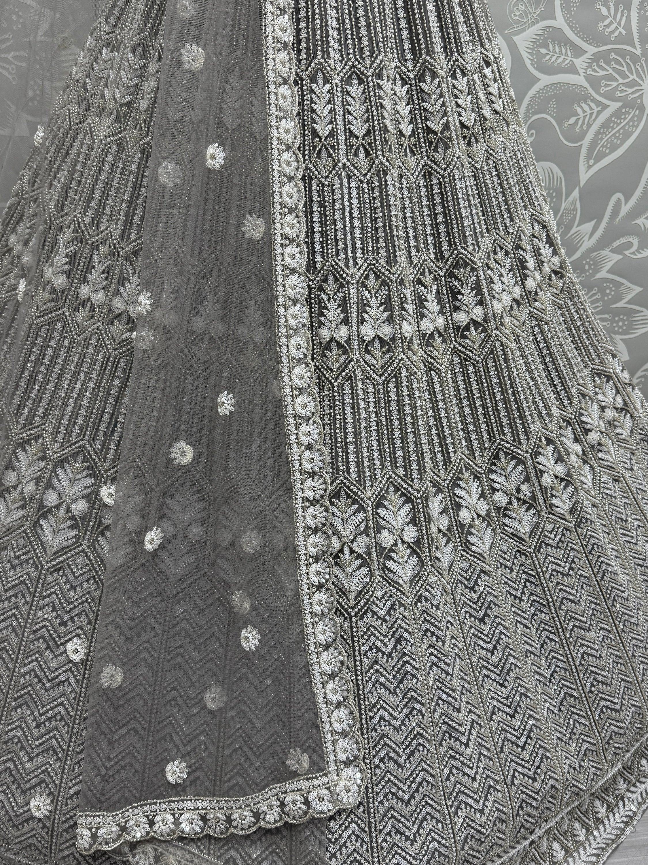 Grey Spectacular Hand Wok Net Bridesmaid Lehenga Choli With Dupatta