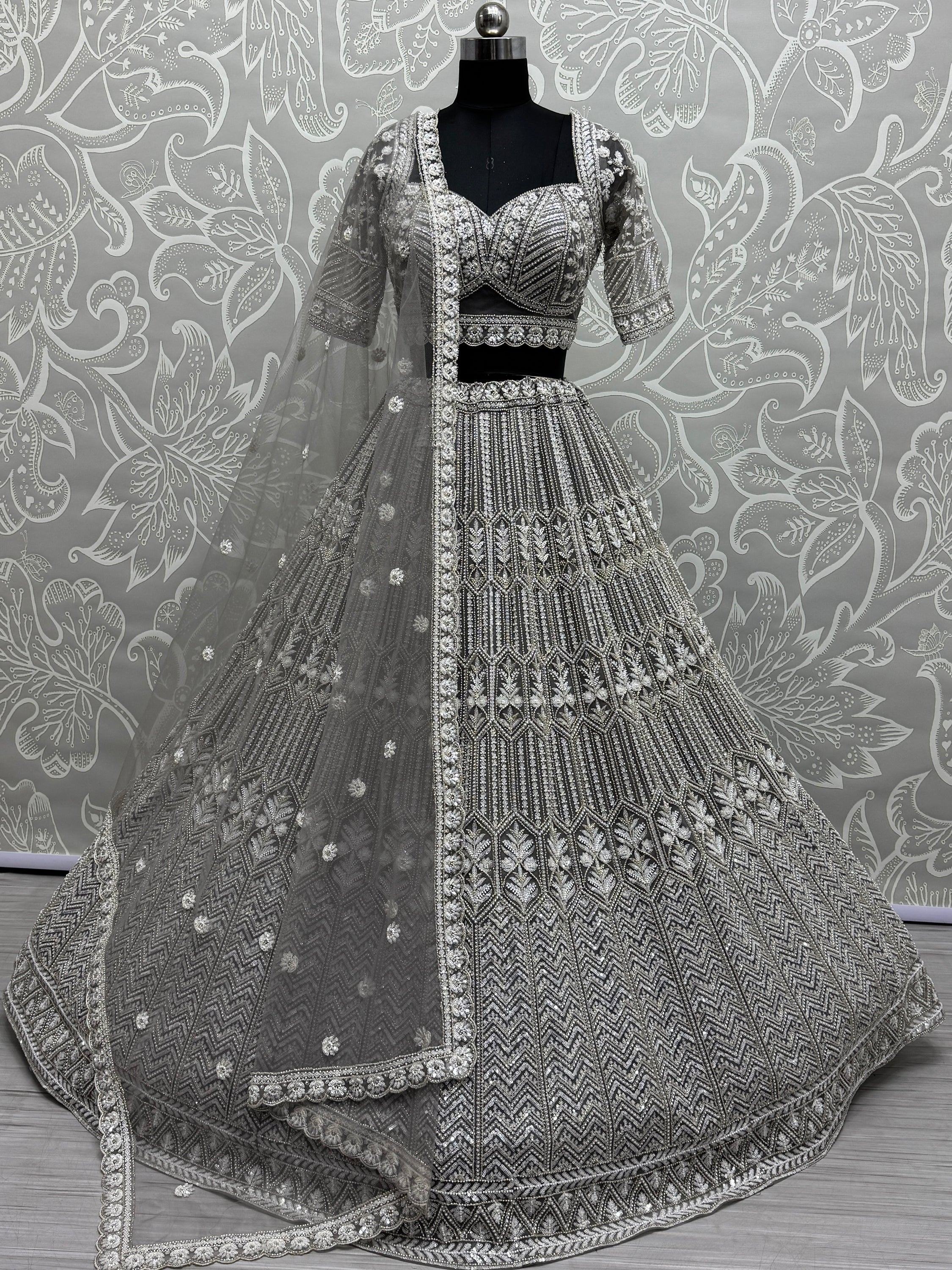Grey Spectacular Hand Wok Net Bridesmaid Lehenga Choli With Dupatta