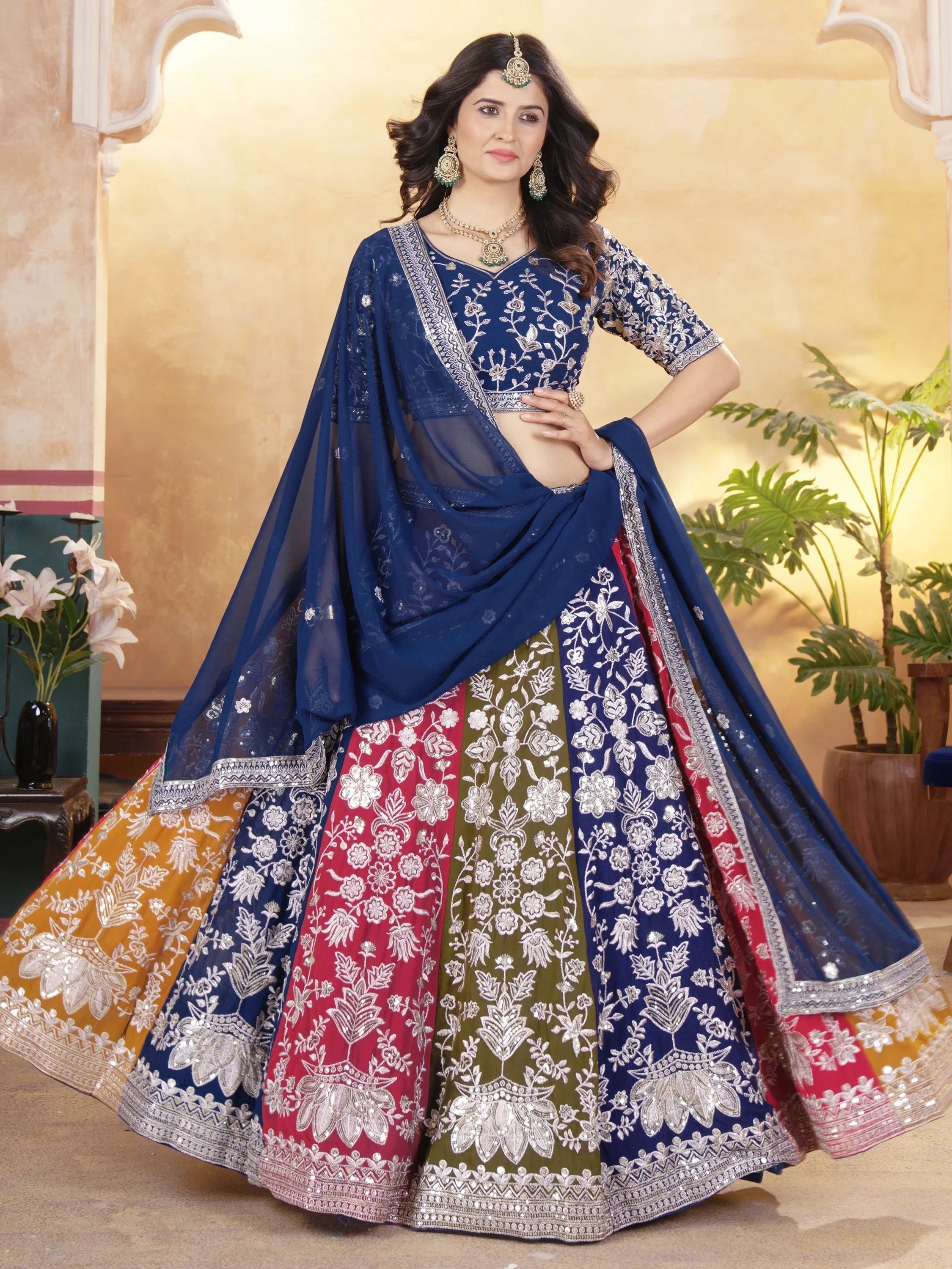 Pretty Multi-Color Thread Embroidered Georgette Wedding Lehenga Choli